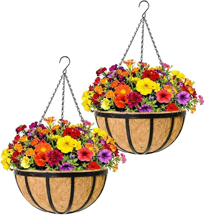 2 Pack 12" Round Metal Hanging Basket for Outdoor Plants Durable Large Hanging Planter with Coco Coir Round Plant Holders Planter for Outside Garden Decoration (Flat Iron)