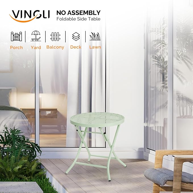 VINGLI Outdoor Folding Side Table with Chic Hollow Pattern and Durable, Rust-Resistant Coated Iron Patio Bistro Table Suitable for Indoor & Outdoor Porch, Deck, Balcony and Pool,Green