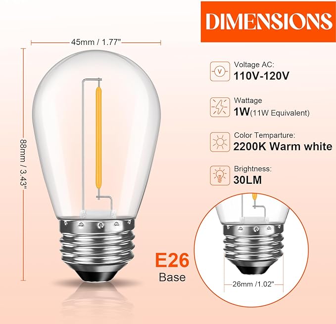 GvvooHome 36 Pack S14 LED Bulbs for Outdoor String Lights, Shatterproof Replacement Edison Bulbs for Patio String Lights Outdoor Waterproof, Warm White 2200K, Dimmable, E26 Standard Base