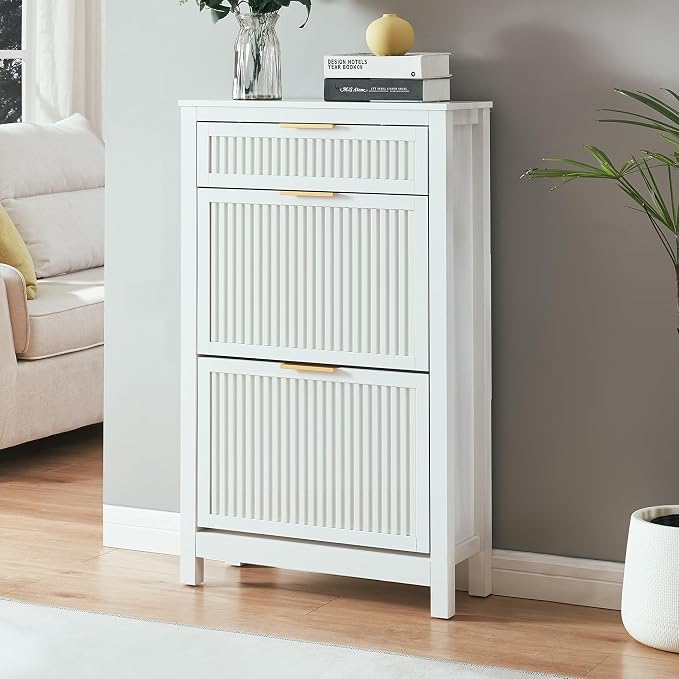 2-Flip Drawer Shoe Cabinet Narrow Entryway Rack, White
