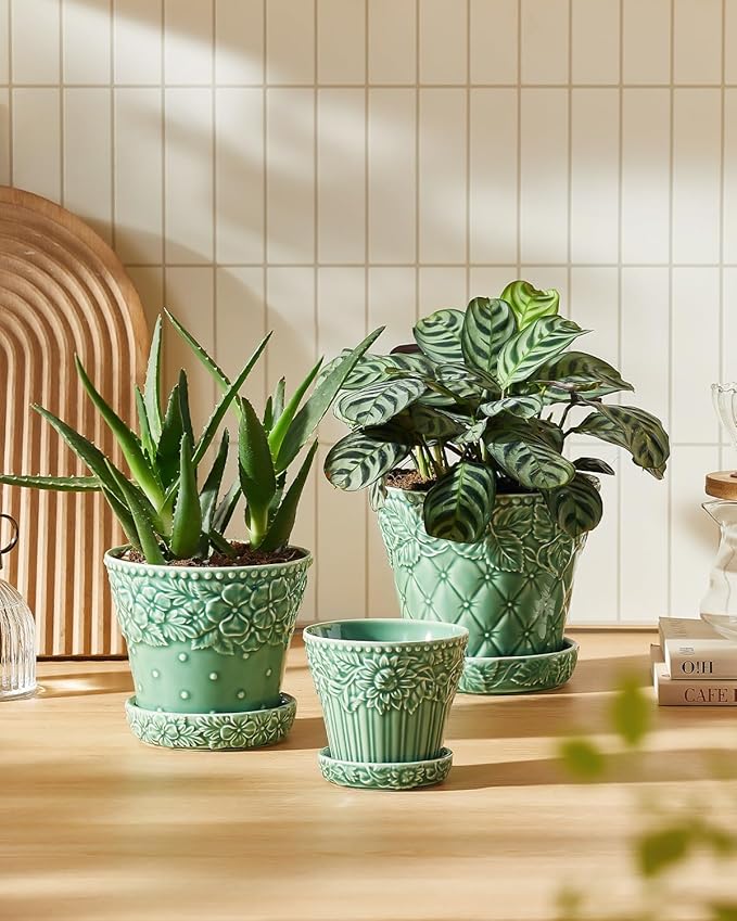 Metahom Ceramic Plant Pots, 3.8+4.9+5.8 Inch, Set of 3 Flower Pots with Drainage Hole & Saucer, Embossed Planter Pots for Indoor Plants, Home Decor, Green