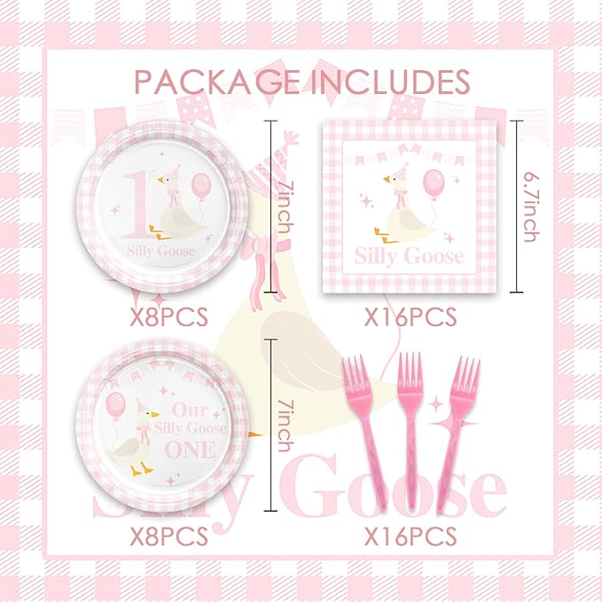 48Pcs Pink One Silly Goose Birthday Party Supplies with Plates,Napkins and Forks,Goose Birthday Party or Baby Shower Decorations Set for 16 Guests
