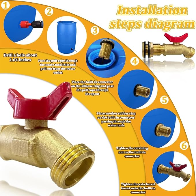Brass Water Container Rain Barrel Faucets Spigot Kit 3/4" GHT Brass Rain Barrel Quarter Turn Ball Valve Spigot with Bulkhead Fitting Suitable for Garden Hose Thread Connection