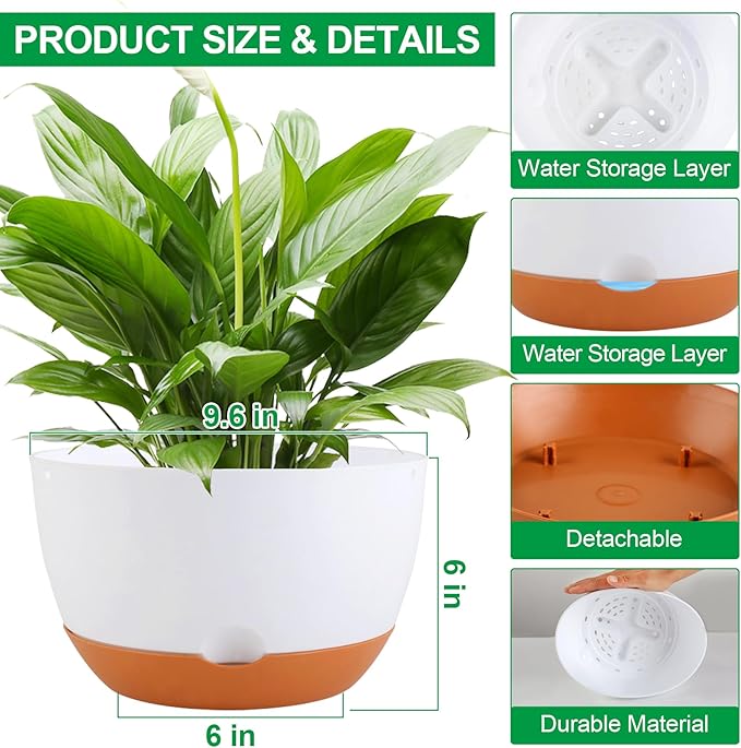 Nooulap 3 Pack Self Watering Planters for Plants Indoor,10 Inch Plant Pot Outdoor Plastic Flower Pot with Drainage and Saucers(White)