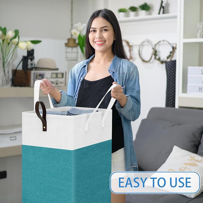 HomeHacks 90L Rolling Laundry Basket with 4 Wheels Collapsible Green | 4 Wheels, Waterproof PEVA Lining, Cotton Flax Fabric, Metal Frame, Bathroom Laundry Room Dorm Storage, Space-Saving Design