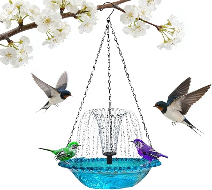 Hanging Bird Bath Fountain, Cascading Outdoor Birdbath with Glass Bowl, USB-Powered Water Feature for Garden, Patio, Yard Decor, Attracts Hummingbirds & Wild Birds