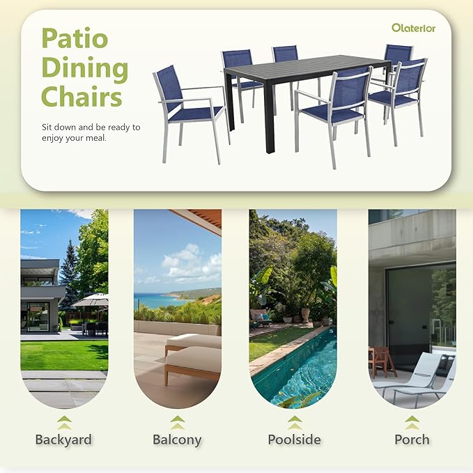 Patio Dining Chairs, All-Weather High-Resilience Textilene Outdoor Dining Chair Set of 2, Heavy-Duty Stackable Minimalist Outdoor Chairs with Armrest, Patio Chairs for Lawn Deck Pool, Blue and White