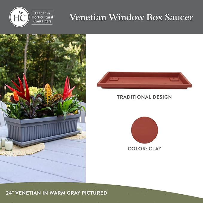 The HC Companies 17.5 Inch Venetian Rectangular Plant Saucer, Lightweight UV-Resistant Plastic Outdoor & Indoor Flower Pot Tray, 2-Pack Plant Pot Trays for Garden & Home Decor, Clay