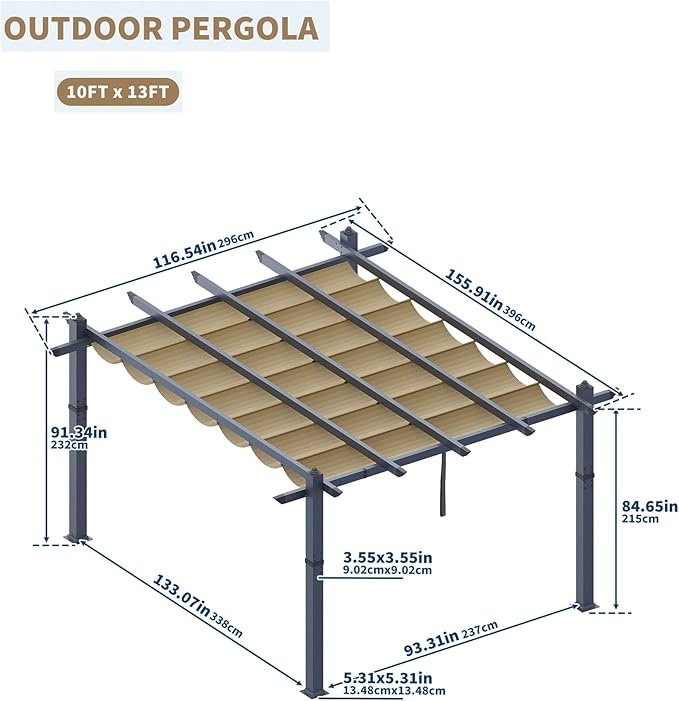 KYBOLT 10x13 Ft Aluminum Pergola with Retractable Canopy Metal Gazebo for Garden Modern Backyard Deck Grape Trellis(Khaki)