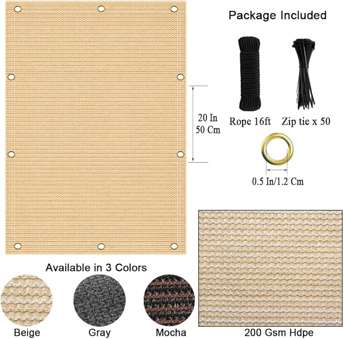 90% Sun Shade Cloth, 8x8 FT Pergola Shade Patio Cover, UV-Resistant, Breathable Sunshade Screen Fabric for Outdoor, Camping, RV, Garden, Deck, Porch, Backyard (Beige)