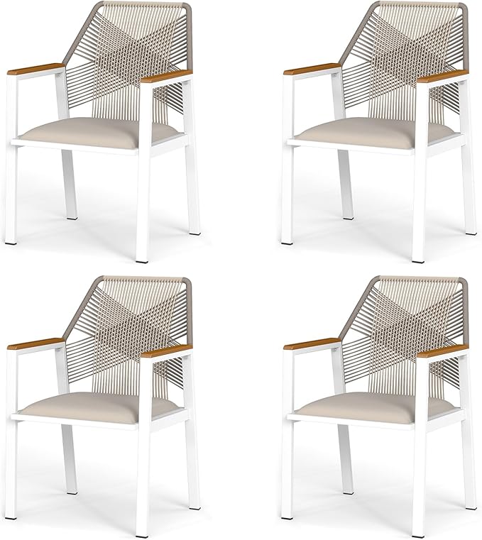 Aluminum Outdoor Patio Dining Chairs - Imitation Rope Vine Chair, Ergonomic Backrest Design Detachable Seat Cushion Soft and Breathable Garden Porch, White, Set of 4