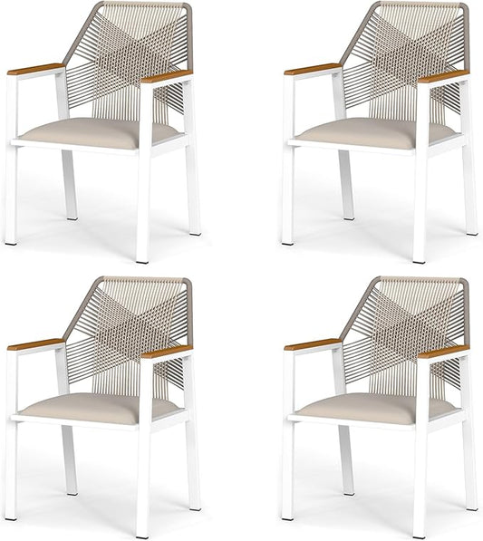 Aluminum Outdoor Patio Dining Chairs - Imitation Rope Vine Chair, Ergonomic Backrest Design Detachable Seat Cushion Soft and Breathable Garden Porch, White, Set of 4
