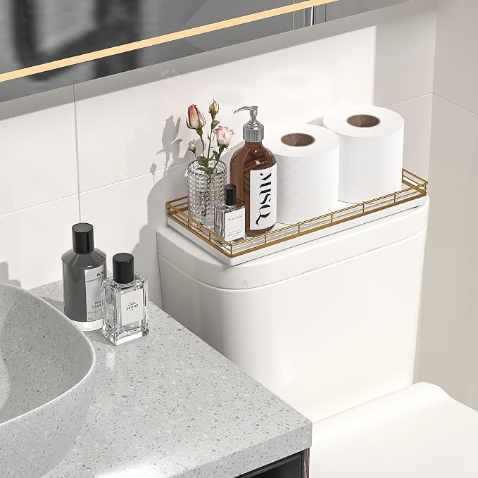 Bathroom Toilet Tank Tray, 13" Wood Toilet Paper Storage Basket Tray Back of Toilet Basket Organizer,Vanity Tray for Perfume Makeup Candle Decor, Gold & White