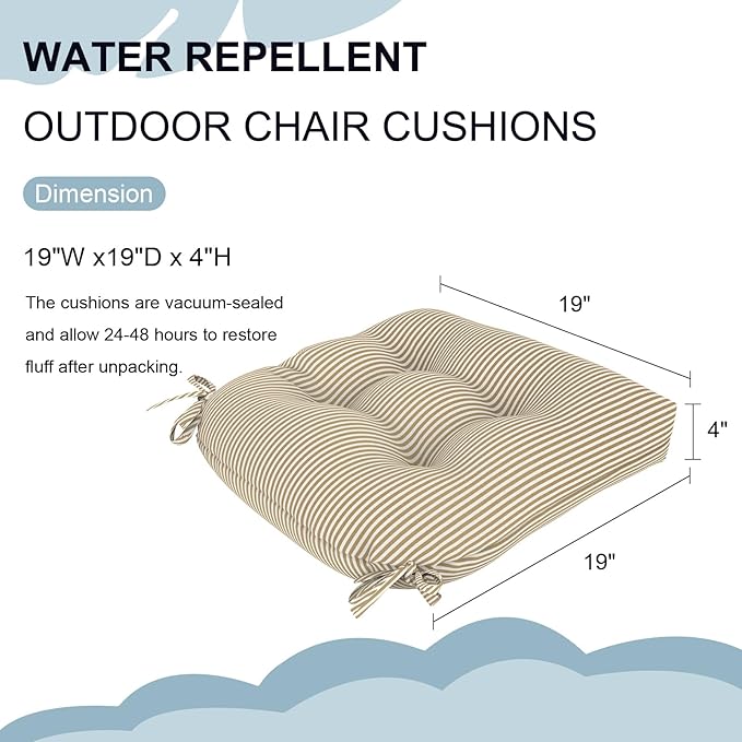 DYTXIII Set of 2 Outdoor Chair Cushions 19"x19"x4", Water Repellent Tufted Patio Seat Cushions with Ties, Thick Replacement Pads for Wicker Dining Chairs, Patio Furniture, Stripe Beige