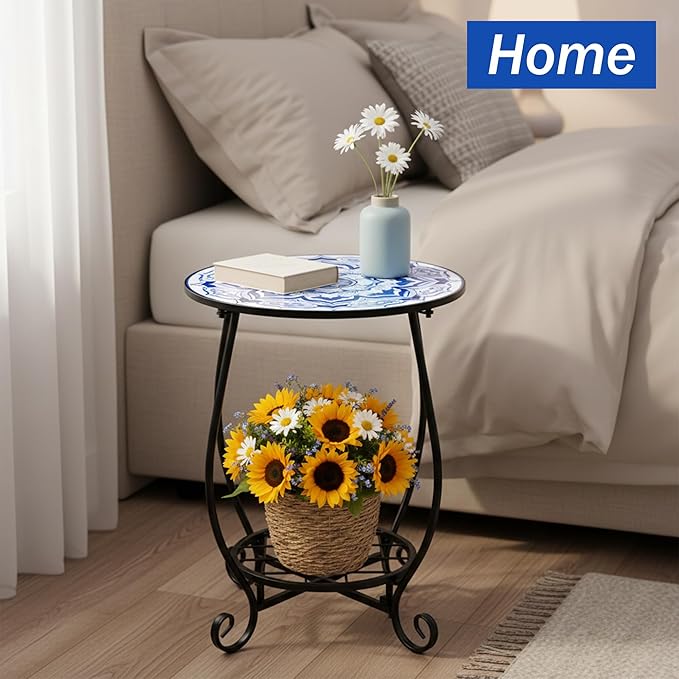Mosaic Outdoor Side Table - Round Flower Patio Accent with Plant Stand, 14" Coffee Tea Metal Outside End Table for Yard Patio Porch Balcony Garden Indoor Living Room Bedroom Decor