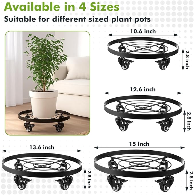2 Packs Extra-large Metal Plant Caddy 15 Inches Plant Dolly with Wheels Heavy-Duty Rolling Plant Stand with Casters for Indoor Outdoor Wheeled Plant Pot Mover Rollers, Black