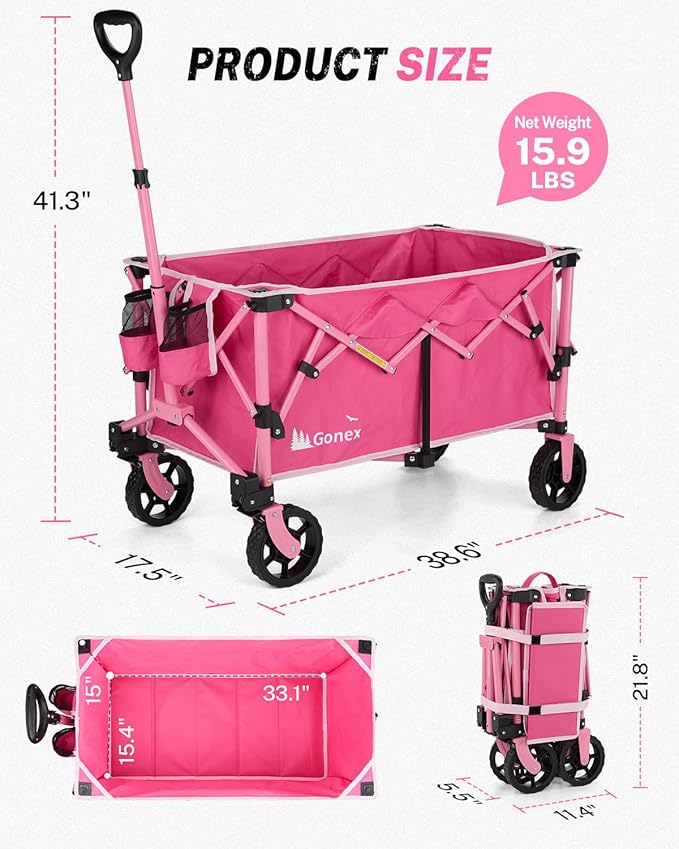 Gonex 220L Collapsible Foldable Wagon Cart with 360lbs Weight Capacity, 38''L Folding Utility Garden Cart with Detachable Wheels for Grocery Sports Shopping Camping - Pink