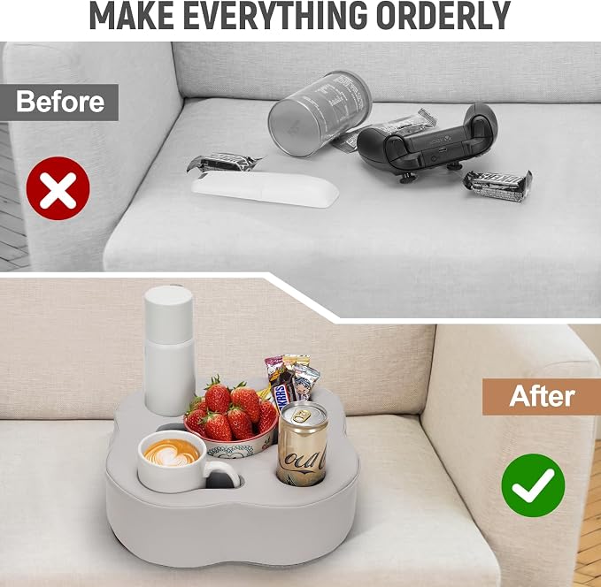 Couch Cup Holder Pillow, Sofa Organizer Caddy, PUGrey | Tray Pillow, Sofa Pillow Drink Tray Bed Refreshment Caddy for iPad, Drinks, Remotes, Phones, Snacks, Removable, Washable