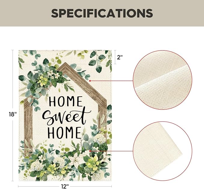 AVOIN colorlife Home Sweet Home Spring Floral Garden Flag 12x18 Inch Double Sided Outside, Eucalyptus Flowers Seasonal Welcome Yard Outdoor Flag
