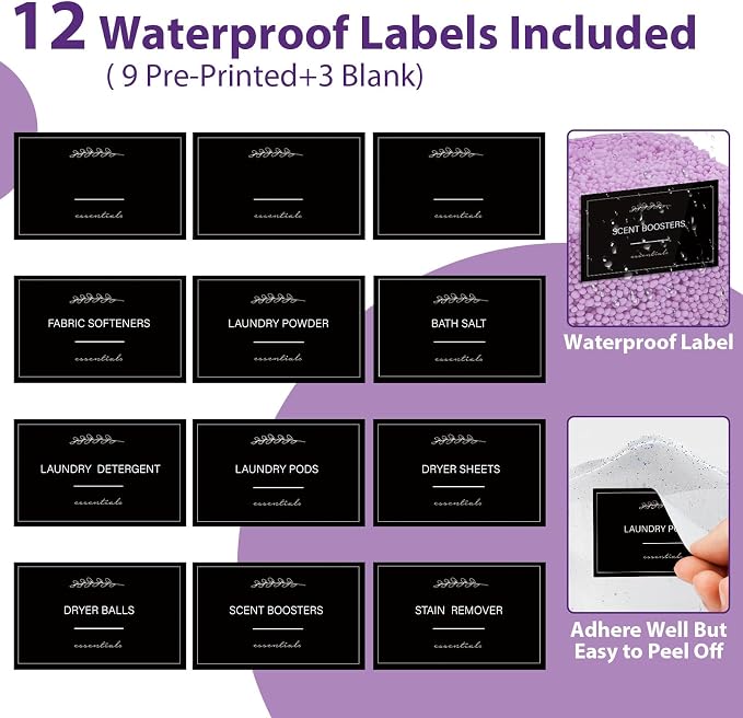 COAZEX 2+1 Pack Clear Laundry Pods Container & Dryer Sheet Holder Black Lid | Laundry Organization, Square Design,2 Scoops & 12 Labels, For Detergent Powder, Laundry Pods, Dryer Sheets, Wide Mouth