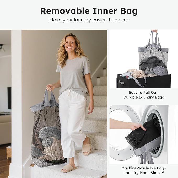 SOLEDI 180L Double Laundry Hamper with Lid and 2 Side Pockets, Dual Hamper