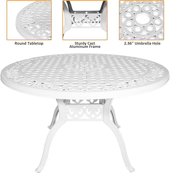 48" Cast Aluminum Outdoor Dining Table,Dining Conversation Side Table, Patio Bistro Table with 2.36" Umbrella Hole for Backyard, Garden, Patio, Porch
