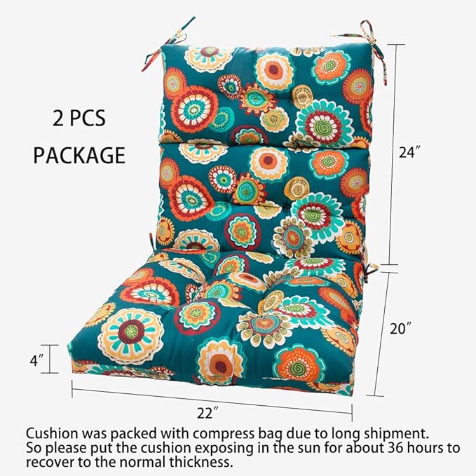 Magpie Fabrics Indoor Outdoor Tufted High Back Chair Cushion Set of 2, Waterproof All-Weather Deep Seating Rocking Chair Patio Chaise Lounge Sun Lounger Chair Cushions(Floral Green)