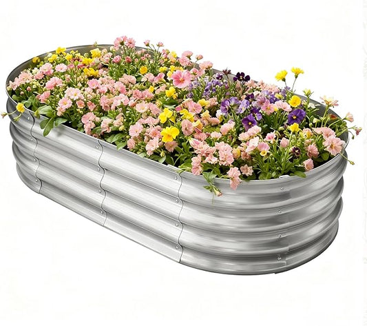 TATAANTY Galvanized Raised Garden Bed for Outdoor: 4X2X1ft Durable Metal Vegetable Plant Container Kit - Oval Planter Box for Gardening Flower Trough