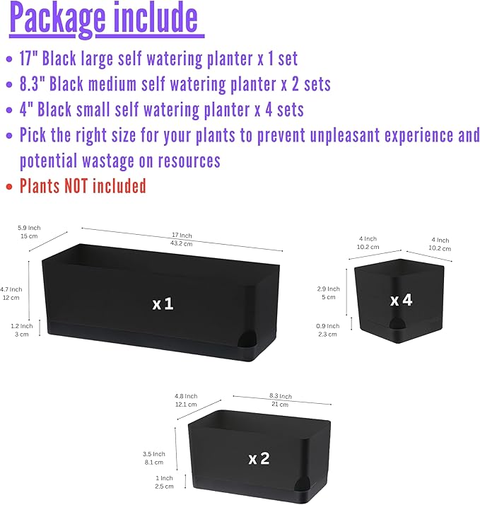 LaLaGreen Planters for Indoor Plants (7 Pack) Self-Watering System Black Window Box Planter, Rectangular Plastic Flower Boxes Herb Garden Long Windowsill Plant Pot with Drainage Modern Stylish Outdoor