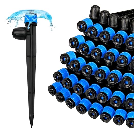 50 Pieces Drip Irrigation Emitters, Adjustable 360 Degree Drip Vortex Emitters on 5" with Stake for 1/4" Drip Irrigation Tubing Irrigation Fan Shape Drippers for Garden Watering System