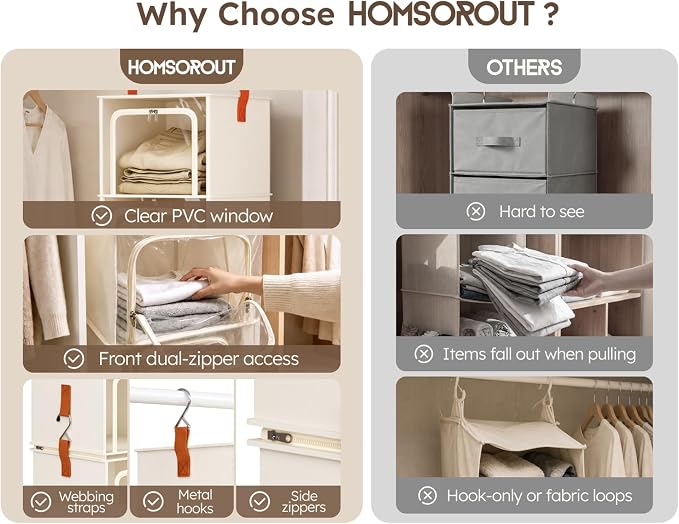 Homsorout 6-Tier Modular Hanging Closet Organizer Shelves, Beige