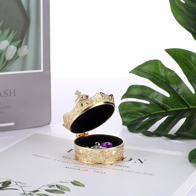 Hipiwe Vintage Jewelry Box Small Trinket Holder for Earrings Necklaces Gold Rings Storage Organizer Crown Design Treasure Chest Gift for Woman, Small