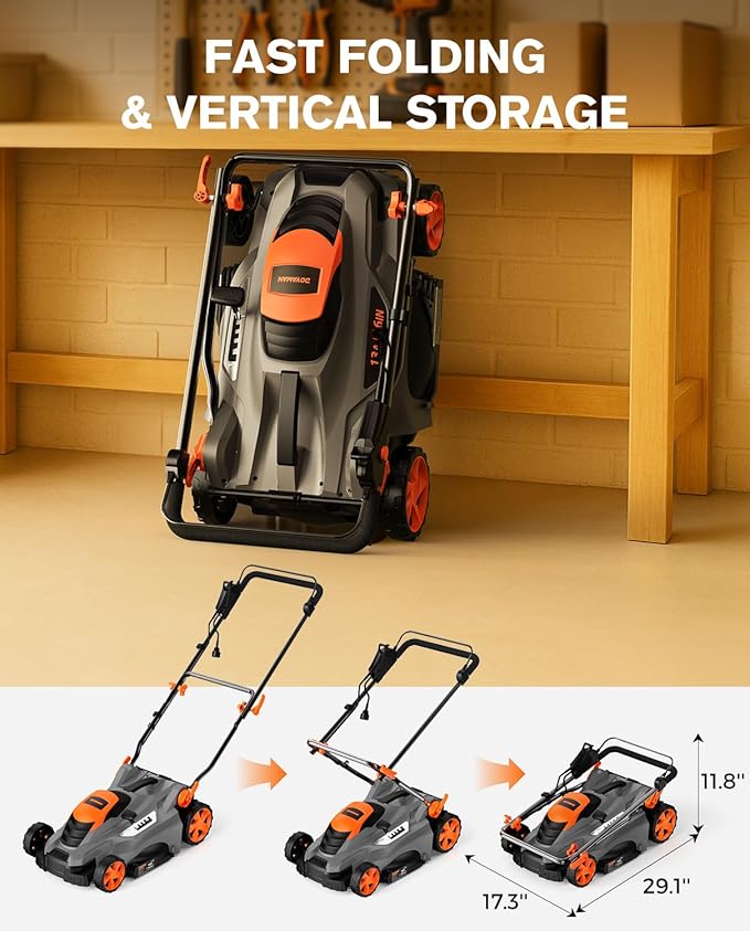 DOVAMAN 13Amp LA16M Lawn Mower, 16" Blade, 5-Position Height Adjustment, 3-Step Quick Vertical Fold Storage, 2-in-1 Mulching & Bagging, 98% Collection, Corded Lawn Mower for Your Garden