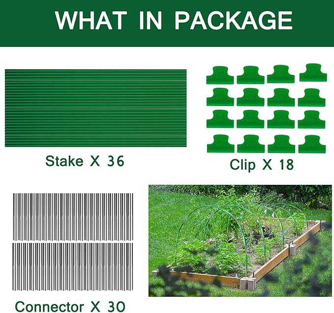 Greenhouse Hoops Grow Tunnel, 8FT Long Garden Hoops, 36pcs DIY Width Plastic Coated Fiberglass Garden Tunnel for Raised Beds, Rust-Free Garden Tunnel for Garden Fabric