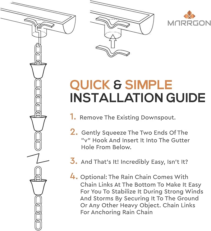 Copper Hammered Rain Chain – Decorative Chimes & Cups Replace Gutter Downspout & Divert Water Away from Home for Stunning Fountain Display – 6.5’ Long for Universal Fit – Bell Style