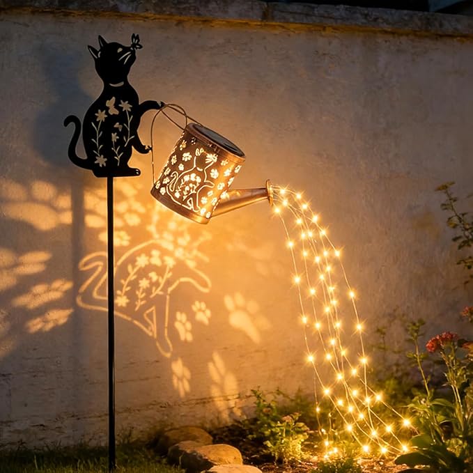 Solar Outdoor Garden Decorative, Watering Can with Light, Featuring Metal Cat Silhouette Garden Stake, Mother's Gift for Women, Waterproof Garden Decor (1 Pc Cat Watering Can Light)