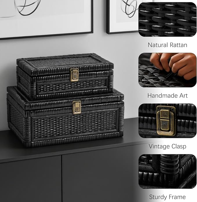 Rattan Box with Lid Decorative Natural Handmade Boho Baskets