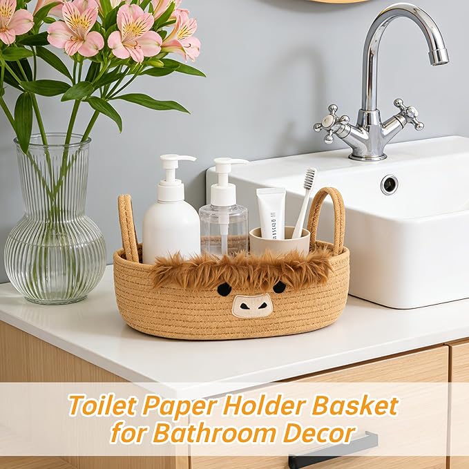 Toilet Highland Cute Cow Paper Basket–Oval Woven Bathroom Organizer