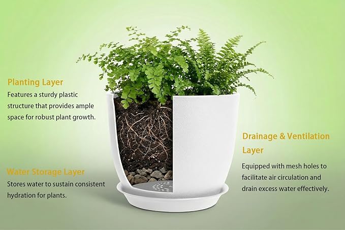 8 Inch Plant Pots Set of 4, Plastic Planters with Drainage Holes and Tray, Flower Pots for Indoor Outdoor Plants and Flowers (White)