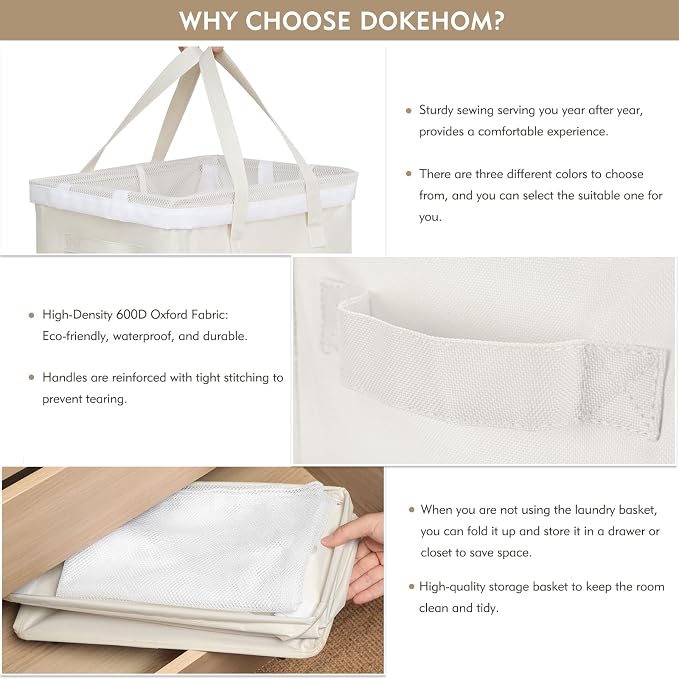 DOKEHOM 90L X-Large Rolling Laundry Basket Hamper on Wheels, Beige | Collapsible clothes hamper with removable mesh wash bag. High-capacity foldable washing bin organizer