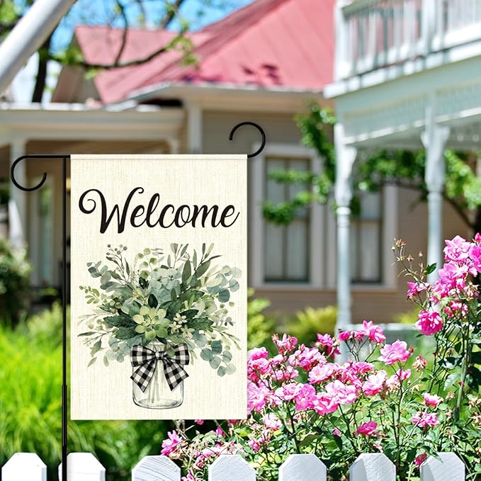 Welcome Flags for Outside,Spring Eucalyptus Mason Jar Garden Flag for Yard Patio Lawn Decoration,12x18 Inch Double Sided