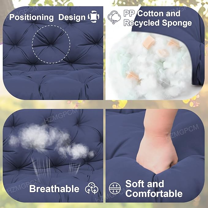 Premium 5" Thick Waterproof Outdoor Swing Cushions 3 Seater Sturdy Durable Porch Cushions 58 inch with Backrest&Ties Swing Cushions for Outdoor Furniture Backyard (Navy Blue, 58x40x5inches)