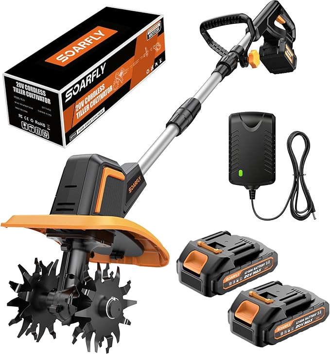 SOARFLY Upgraded Cordless Tiller for Gardening with Dual 2.0Ah Batteries, 48 Steel Tines Battery Rototiller, 9" Width 6.6" Depth Garden Tiller Cultivator for Soil, Tending & Composting (Orange)
