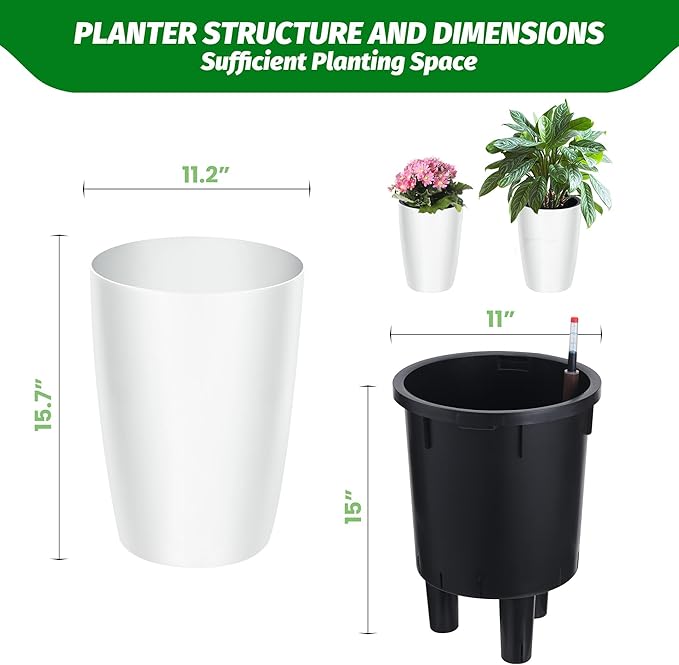 16" Tall Round Planter Set of 4, Self Watering Pots, Large Planter for Indoor Outdoor Plants, Built-in Drainage and a Water Level Monitor, for Patio, Porch, Living Room, or Home Office, White