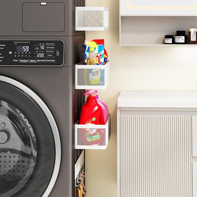 4 Pack Magnetic Baskets with Hook Rack, Magnetic Laundry Organizer