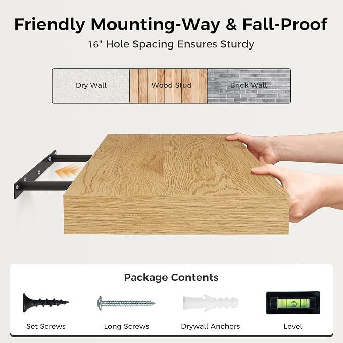 Floating Shelves 36 Inch Long, 12 Inch Deep Floating Shelves for Wall, 36 x 12 Shelves for Wall Storage & Display, 2" Thick Floating Shelf for Bathroom, Living Room, Bedroom, Oak Color, Set of 1
