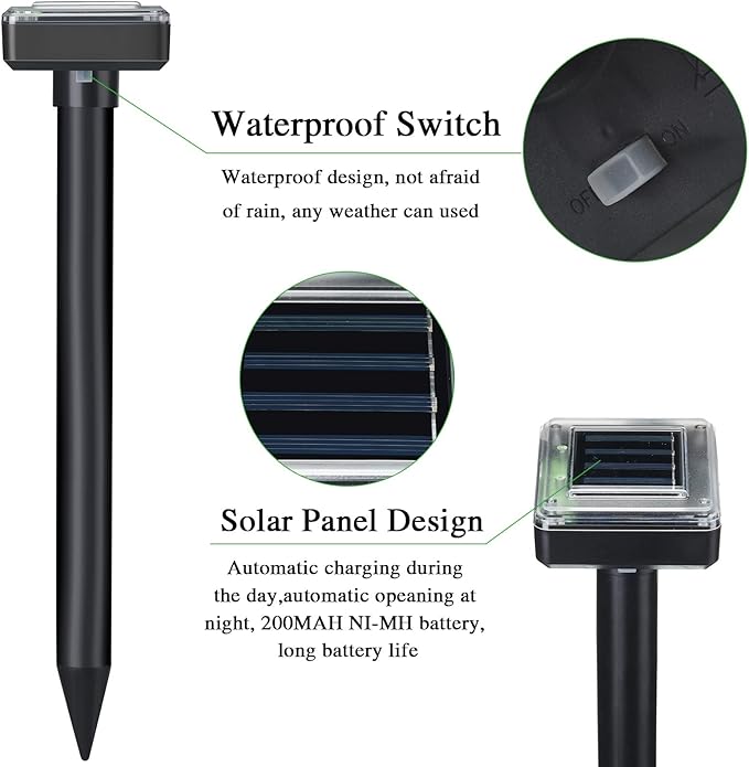 Solar Mole Repellent Ultrasonic Powered Outdoor Sound Wave Deterrent for Lawn Garden Snakes Moles Gophers Groundhogs Voles and Other Burrowing Mice(6 Pieces,Large)