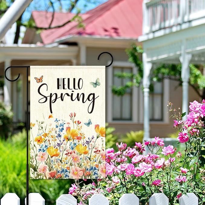 Hello Spring Flags for Outside,Floral Butterfly Garden Flag for Yard Patio Lawn Decoration,12x18 Inch Double Sided