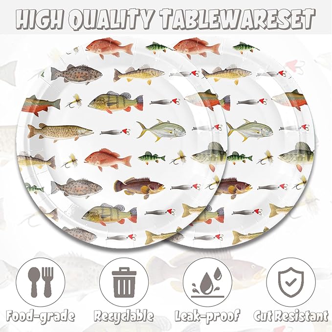 48Pcs Go Fishing Birthday Party Decorations - Ofishally One Gone Fishing Paper Plates Napkins Forks Birthday or Baby Shower Supplies Set for 16 Guests