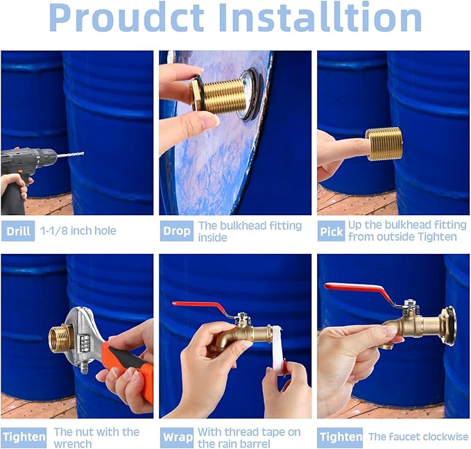 Tujoe 3 Set Brass Rain Barrel Spigot, Rain Faucet Kit for Rain Water Barrel, Water Tanks, Tubs, Pools Etc, Turn Ball Valve Rain Barrel Spigot with Bulkhead Fitting